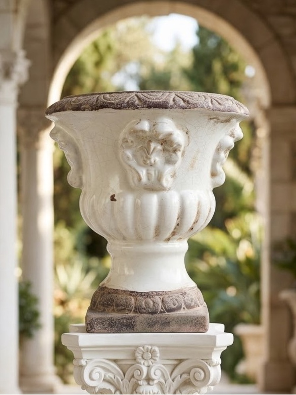 French Antique Style Urn Planter, Distressed White